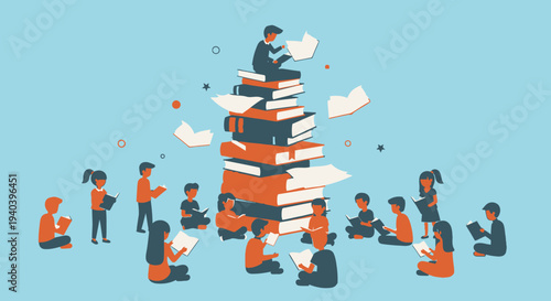 Diverse Students Happily Reading and Learning Around a Giant Stack of Books on Light Blue Background