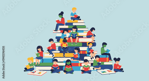 Diverse Group of Happy Children Reading and Learning on a Stack of Books on Light Blue Background