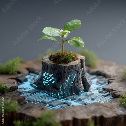 Futuristic Concept of Digital Nature Integration with a Glowing Electronic Circuit Board Embedded in a Tree Stump Supporting a Fresh Green Sapling Growth