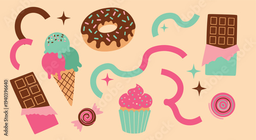 A delightful collection of sweet treats including ice cream donuts cupcakes and chocolate bars on a pastel background