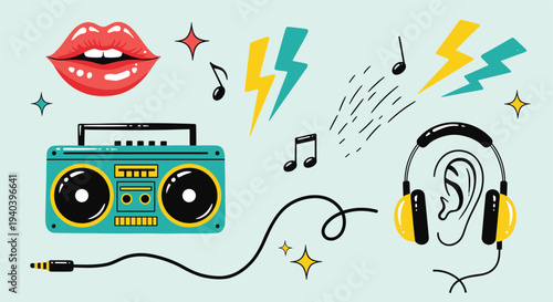 Retro boombox headphones lips and lightning bolts symbolizing music and sound in a vibrant pop art style