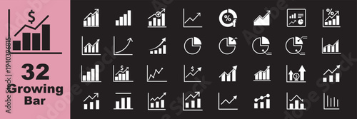 Growing bar graph icon set. Business graphs and charts icons. Statistics and analytics vector icon. Statistic and data, charts diagrams, money, down or up arrow Growth icon set. Containing arrow up,