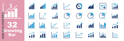 Growing bar graph icon set. Business graphs and charts icons. Statistics and analytics vector icon. Statistic and data, charts diagrams, money, down or up arrow Growth icon set. Containing arrow up,