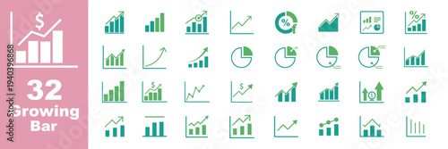 Growing bar graph icon set. Business graphs and charts icons. Statistics and analytics vector icon. Statistic and data, charts diagrams, money, down or up arrow Growth icon set. Containing arrow up,