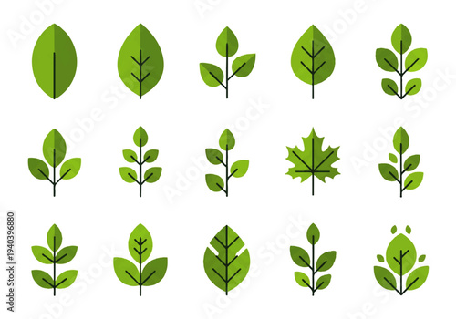 A flat design illustration vector featuring twelve different green leaves with black outlines on a white background.