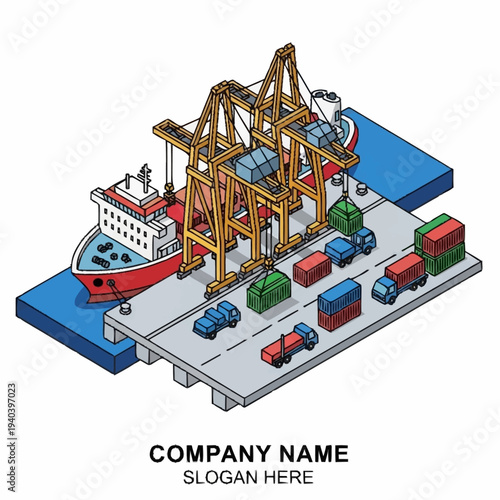 Isometric illustration of a busy dock with cranes and cargo containers.