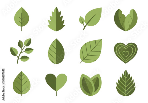 A flat design illustration vector featuring twelve different green leaves with black outlines on a white background.
