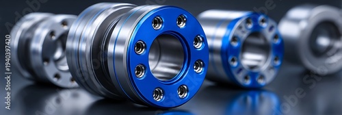High-precision CNC machined metal components with blue anodized finish for industrial engineering and advanced mechanical manufacturing applications in a modern factory.