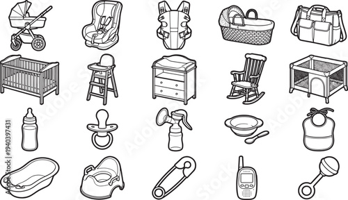 A comprehensive collection of baby care essentials, from a bassinet to a rattle, are presented in a clean and organized manner.