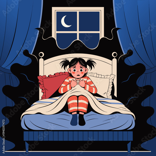 scared girl in bed at night with dark shadows, childhood fear and nightmare concept illustration