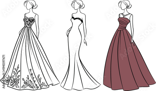 Elegant hand-drawn vector illustration of a bridal wedding dress set featuring fashion silhouettes and stylish gown designs for a beautiful bride