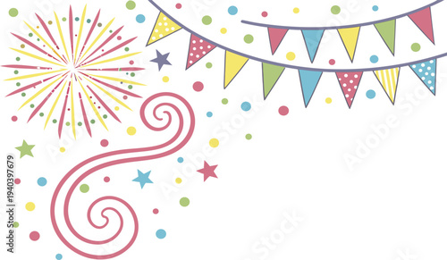 Colorful vector illustration of a bright birthday party background featuring a happy celebration frame with bunting flags, summer flowers, and star patterns for a holiday card design