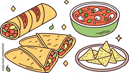 A collection of cartoon vector icons featuring a set of food and drinks including pizza, burgers, sandwiches, and cake for a fast food restaurant meal