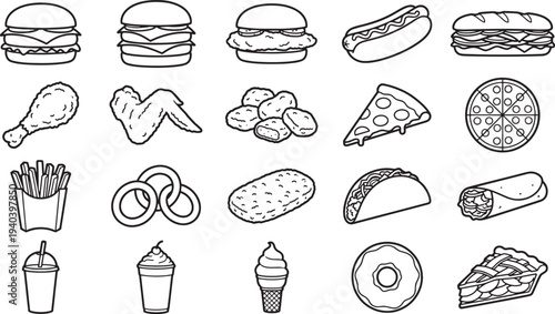 Delicious selection of popular, iconic foods, carefully arranged in a photorealistic illustration, a symphony of flavors in monochrome.