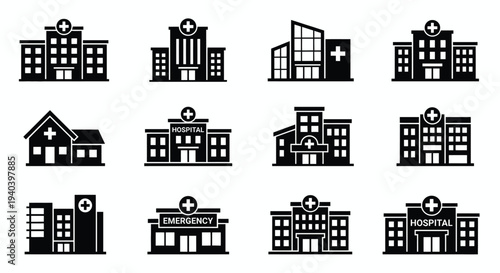 Vector illustration set of city building silhouettes and urban architecture icons including houses, offices, and skyscrapers for residential and commercial estate design