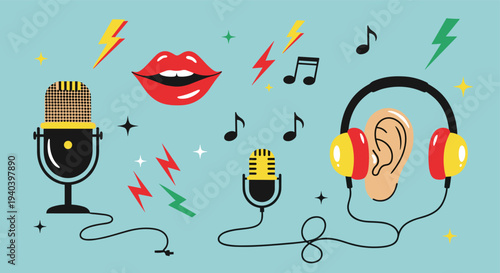 Vibrant illustration of audio elements including microphones, lips, headphones, and musical notes on a blue background with lightning bolts