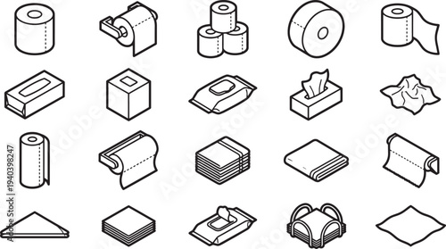 A collection of various hygiene paper product icon in line art.