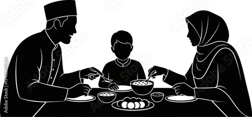 Family sharing an iftar meal at the table silhouette