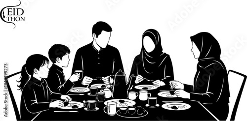 Family sitting at table enjoying meal together