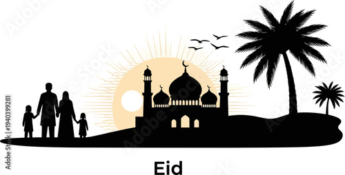 Family silhouette walking toward mosque during sunset