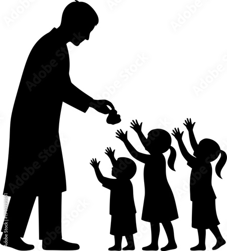 Generous man giving alms to children