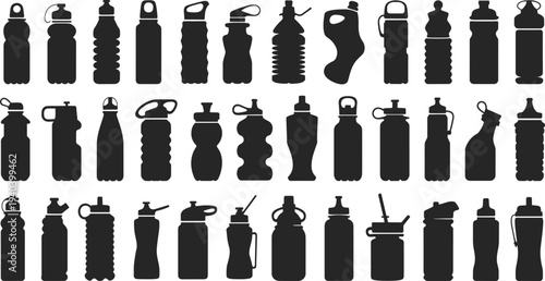 Collection of black silhouette water bottles and drink containers vector