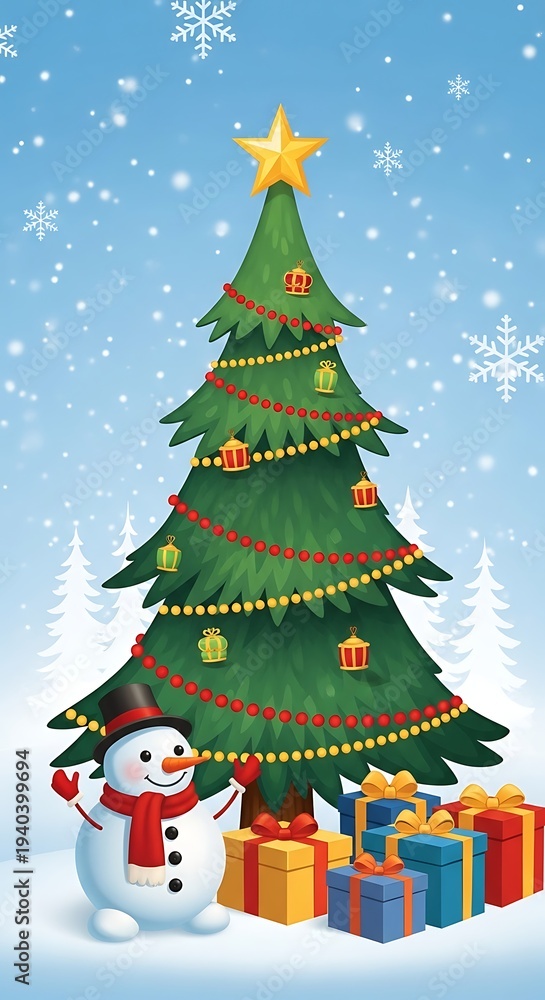 Obraz premium Christmas Tree with Snowman and Gifts.