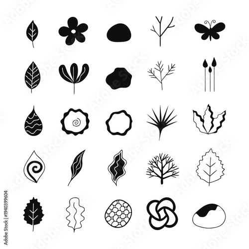 Hand drawn nature doodles set with small botanical elements flora and outdoor wild life icons for environmental concept