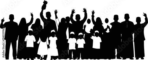 Large crowd of muslim people waving silhouette