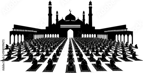 Large congregation of muslim men praying at mosque