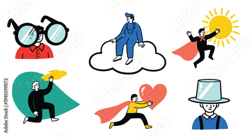 Diverse group of people embodying positive emotions and aspirations with symbolic elements representing dreams and success