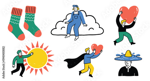 Whimsical illustrations of people interacting with everyday objects and abstract concepts like love and weather