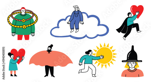 Diverse group of stylized characters expressing emotions and concepts with abstract elements and symbols representing love and achievement