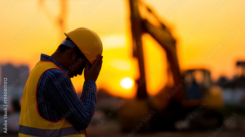 Fototapeta premium Stressed construction worker holding his head after making a mistake on a building site at sunset.