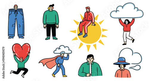 Diverse group of people engaged in various activities and expressing emotions with symbolic elements like clouds and hearts