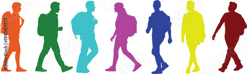 Colorful Silhouettes of Backpackers Walking in a Row on White Background people travel