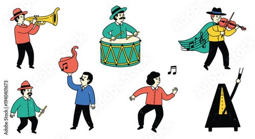 Diverse group of musicians playing various instruments in a lively and whimsical illustration style