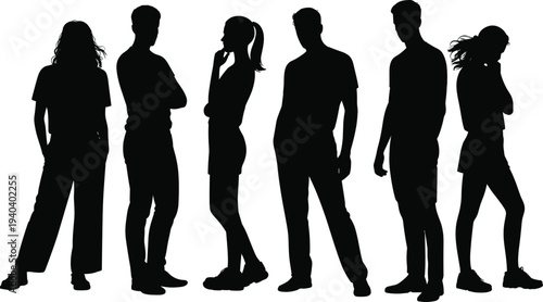 Diverse group of people silhouettes standing in various casual poses on white background vector illustration