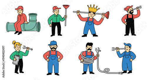 Diverse group of skilled plumbers and handymen showcasing tools and pipes in a playful cartoon illustration style