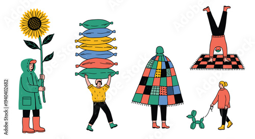 Whimsical collection of diverse people engaged in unique activities and hobbies with a touch of playful charm and artistic flair