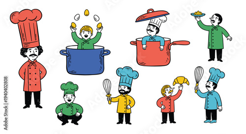 Whimsical chefs in colorful attire engaged in playful culinary activities with food and kitchenware