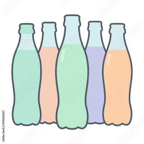Five Colored Soda Bottles Flat UI Icon for App Interface