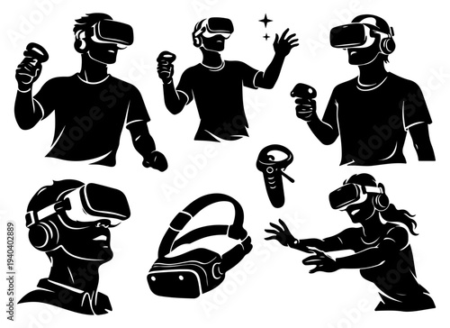 Virtual Reality Gaming and Metaverse Concept Set - Black and White Silhouettes of People Wearing VR Headsets and Using Controllers for Augmented Reality Experience and Cyber Technology Illustration