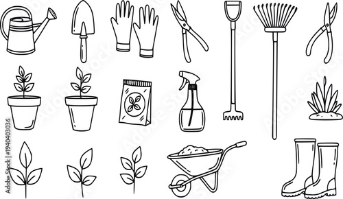 Hand drawn gardening doodle icon set with tools plants and backyard hobby elements vector