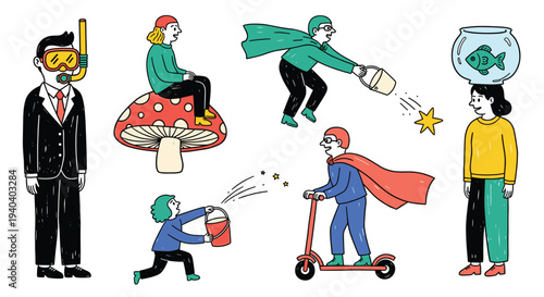 Whimsical Characters Engaged in Diverse Activities Illustrating Creativity and Fun