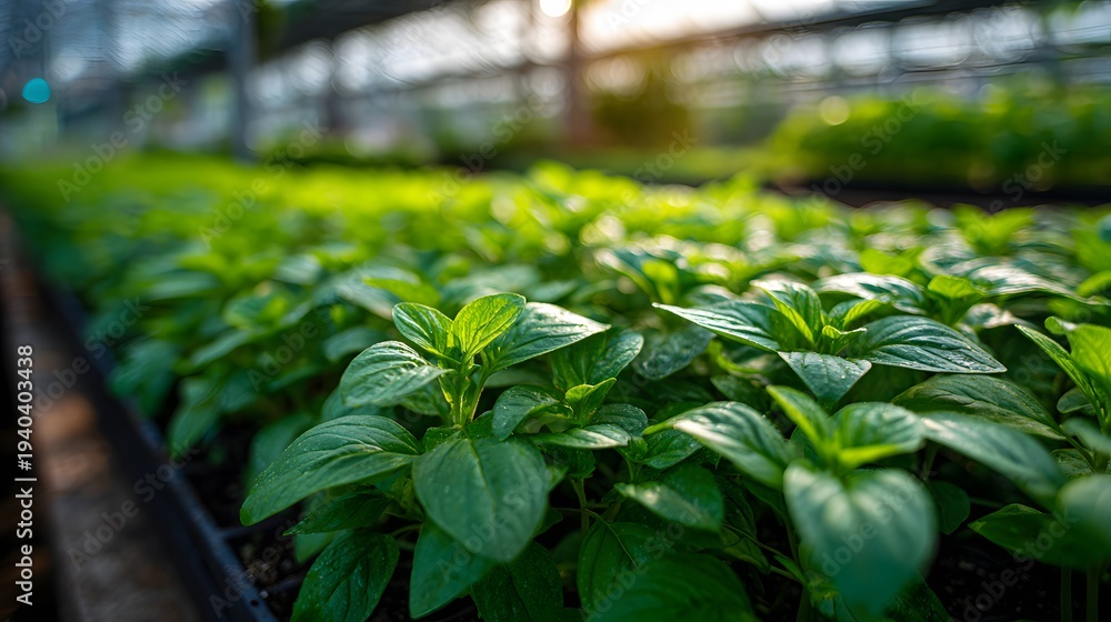 Obraz premium Vibrant photorealistic close-up of lush green organic plant seedlings thriving inside a bright and sunlit modern agricultural greenhouse.