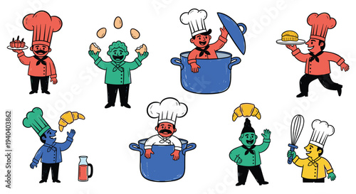 Charming Chefs in Action Displaying Culinary Delights and Kitchen Tools in a Whimsical Cartoon Style