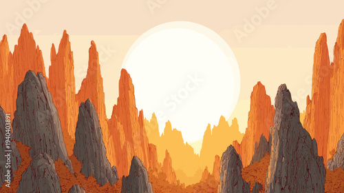 A stylized pixel-art landscape depicting a canyon scene with towering rock formations and a bright sun