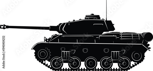 Heavy armored military tank silhouette with long cannon for army warfare combat defense vehicle and history battle vector illustration