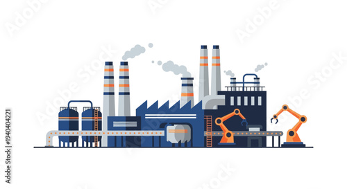 An industrial factory with robotic arms and smokestacks depicted in a graphic isometric illustration with a blue, orange, and gray color scheme on a white background